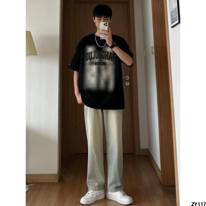 Xu Hướng Đường Phố Rộng Rãi T Áo Sơ Mi Cặp Đôi Sành Điệu 100 Trọn Bộ Quần Jean Nam Cotton Kiểu Mỹ Nam Nữ Cổ Điển Mùa Hè Tay Ngắn