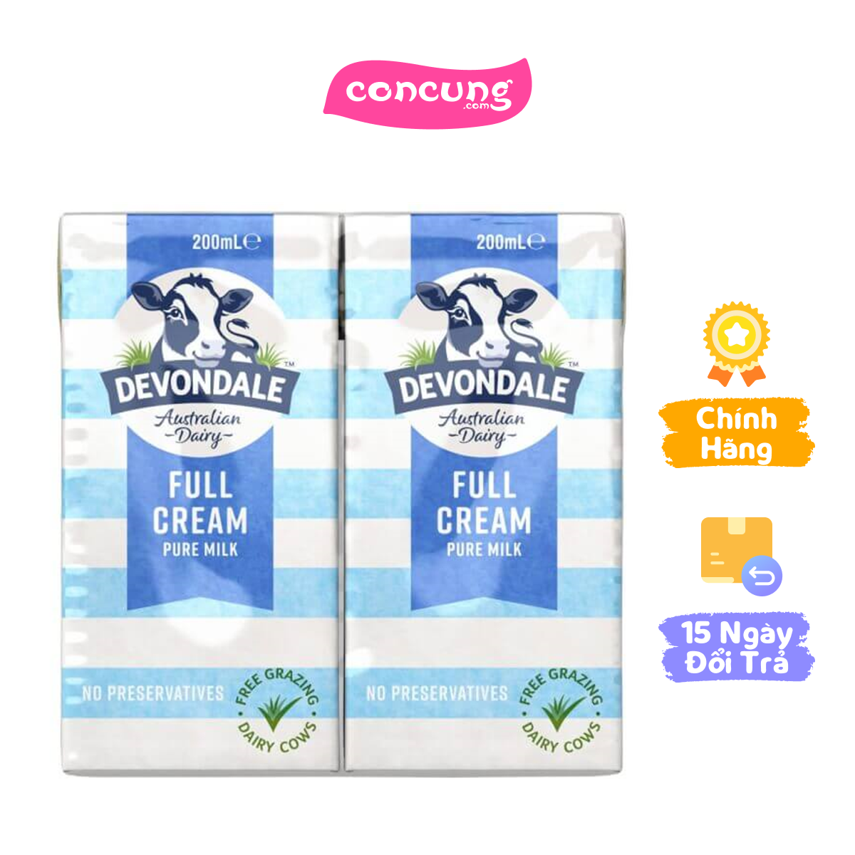 Sữa tươi nguyên chất tiệt trùng DEVONDALE MILK (DEVONDALE FULL CREAM MILK) 200ml - Lốc 6 hộp