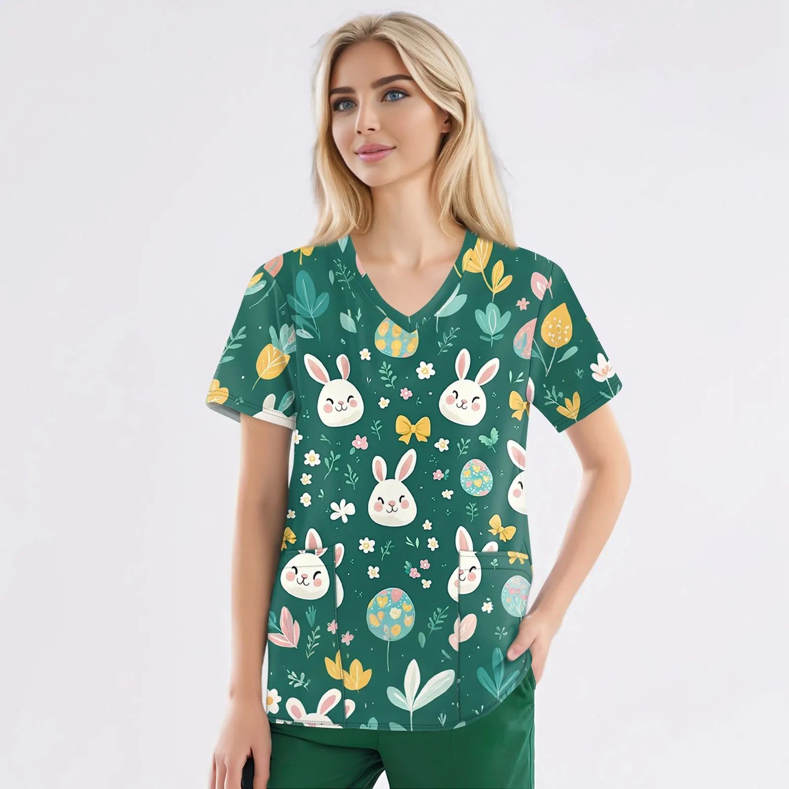 Mother's Day clothing Nursing Uniform Women Scrubs Tops Easter Day Cartoon Print Short Sleeve V Neck Holiday Pattern Nursing Uniforms Workwear ราคา 7,234 บาท*ส่งฟรี