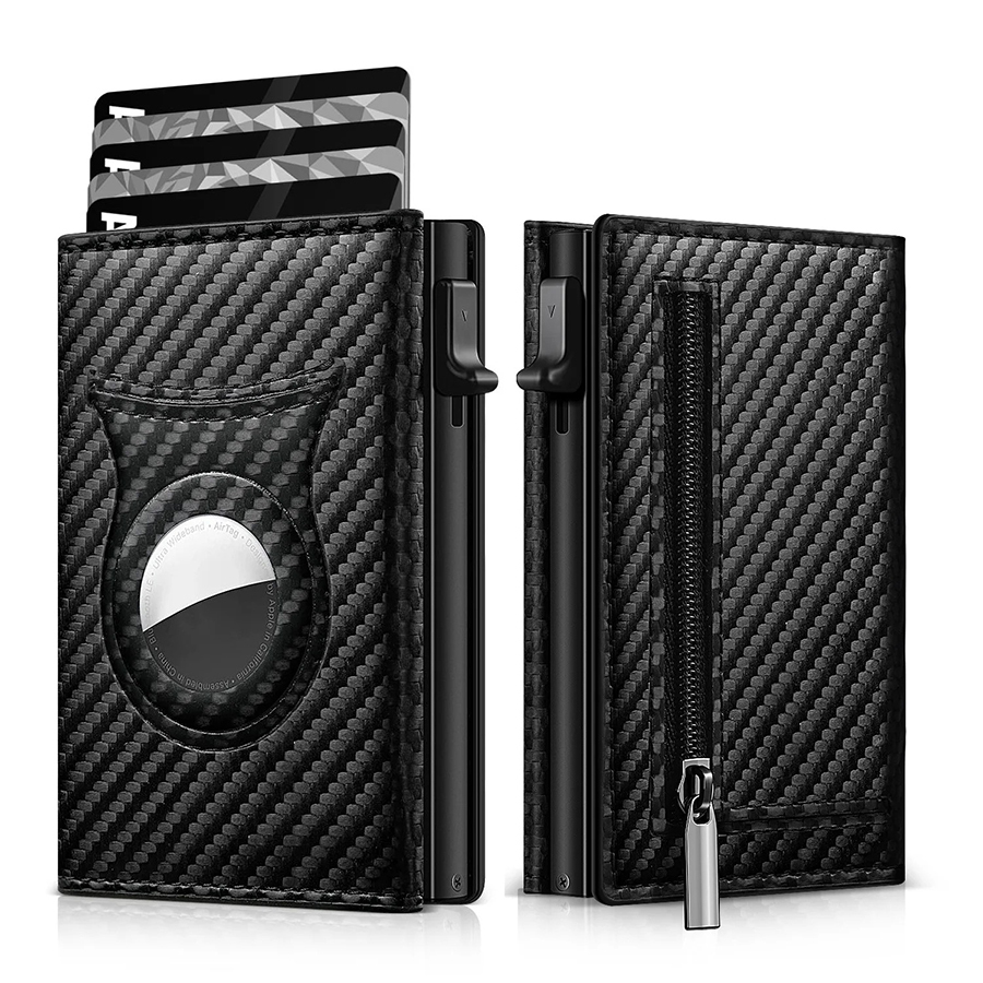 Men's Carbon Fiber Magnetic Card Clip Leather RFID Triple Fold Card With Zipper Wallet Pop Up Smart Airtag Wallet