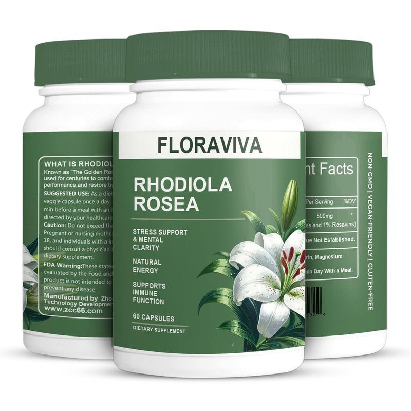 แคปซูล Floraviva Rhodiola Rosea 500 มก. - อาหารเสริมอะแดปโตเจนธรรมชาติเพื่อการสนับสนุนความเครียด สมาธิ และพลังงาน - ไม่ใช่จีเอ็มโอ (60 แคปซูล)