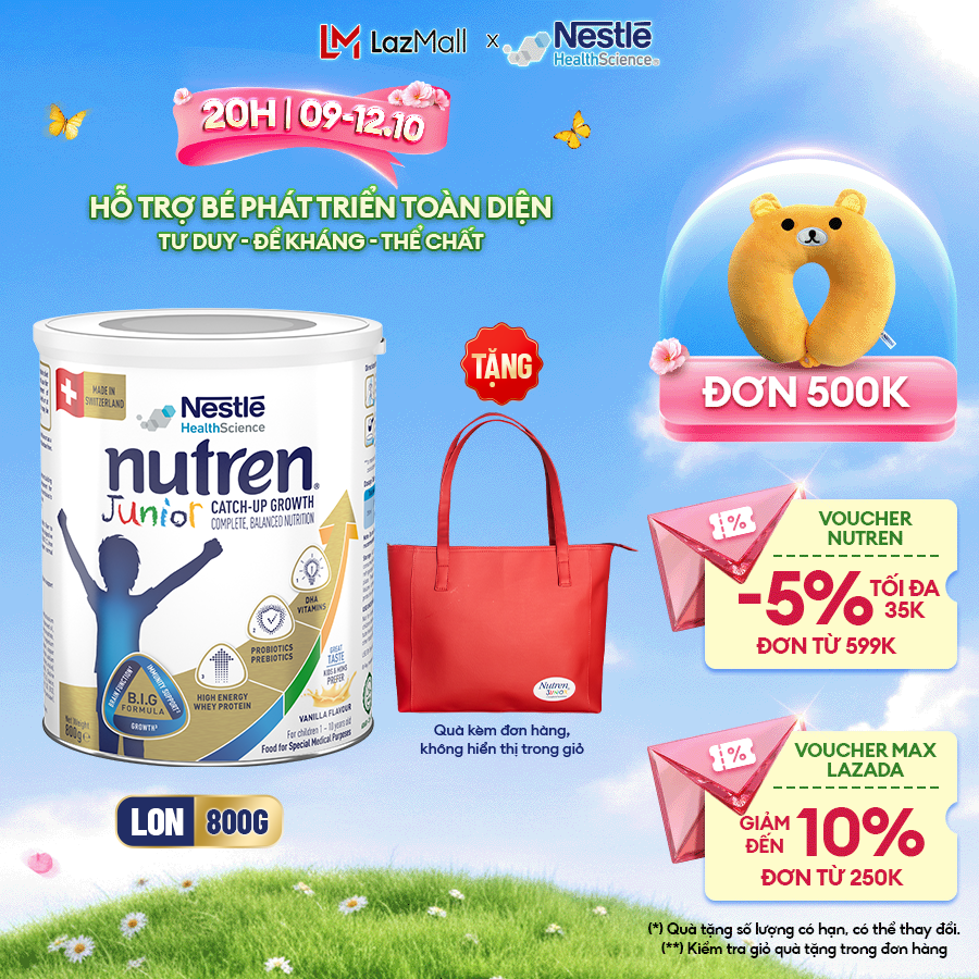 [Tặng Túi Simili Màu Đỏ] Sữa Bột NESTLÉ NUTREN JUNIOR Xuất Xứ Thụy Sĩ Công Thức BIG Hỗ Trợ Tăng Trưởng Thể Chất,Trí Não,Đề Kháng Cho Bé 800G