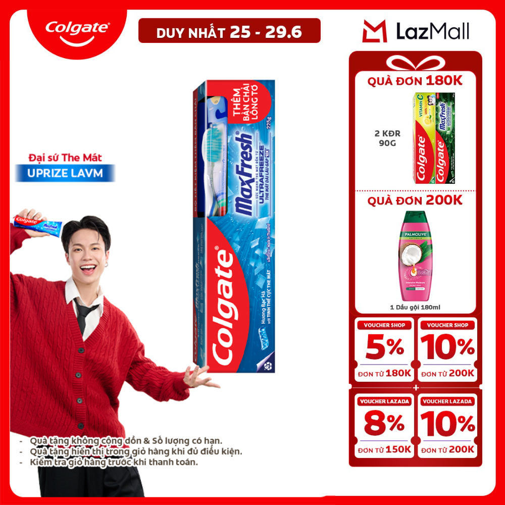 [Chỉ 25-29.6_X2 Voucher giảm đến 20%] Kem đánh răng Colgate MaxFresh ULTRAFREEZE the mát gấp 10X 225g /tuýp tặng bàn chải đánh răng lông mềm