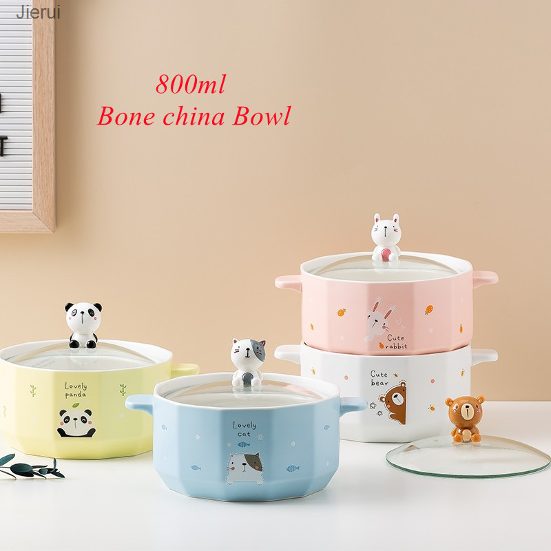 Sáng tạo cho sinh viên tô mì có nắp Gốm Hoạt Hình 800ml Bát canh nhà Tô đựng mì ống bát đựng sa lát hai tai bát dễ thương jierui