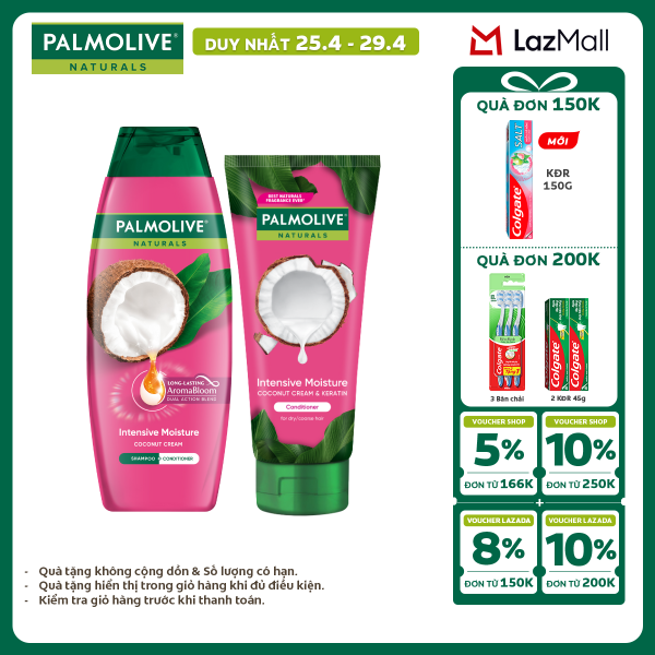 [Chỉ 25-29.4_X2 Voucher giảm 20%] [MỚI] Bộ Dầu gội và Dầu xả Palmolive chiết xuất thiên nhiên  keratin cho tóc mềm mượt, lưu hương bền lâu 180ml