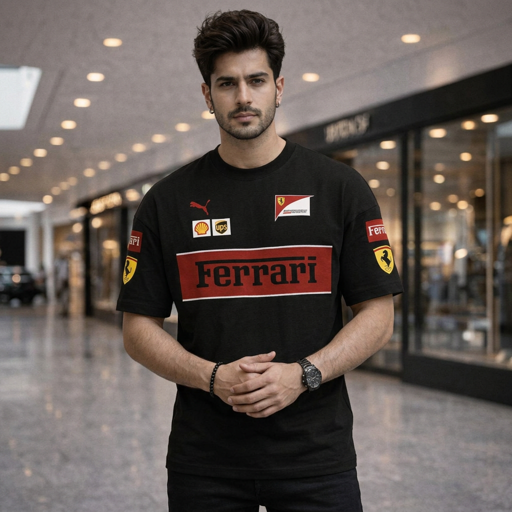 Ferrari Racing Drop Shoulder T-Shirt For Men Summer Cotton Fabric Streetwear Style White and Black Color