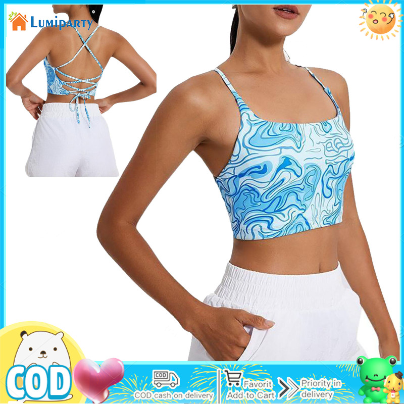 Women's Strappy Sports Bras Square Neck Printing Open Back Yoga Bra Tops Spaghetti Strap Crop Workout Tank Tops ราคา 421 บาท*ส่งฟรี