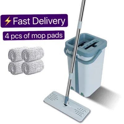 SG SELLER |EZZY MOP Magic Cleaning Mops Free hand Squeeze Flat Mop Set / 1 Bucket + 1 Mop + 4 Microfiber Mop Pads / SG Local Stock / Fast Delivery