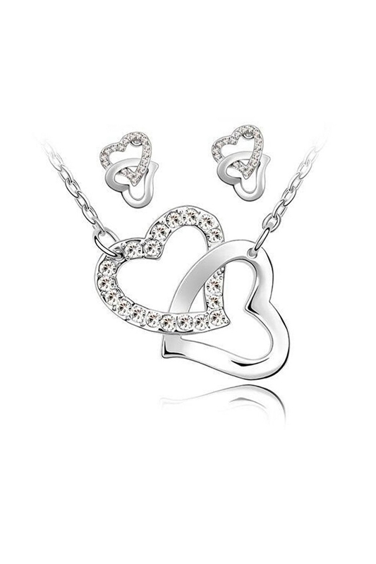 Finery necklace and earrings 2 Hearts intertwined chains alloy - White