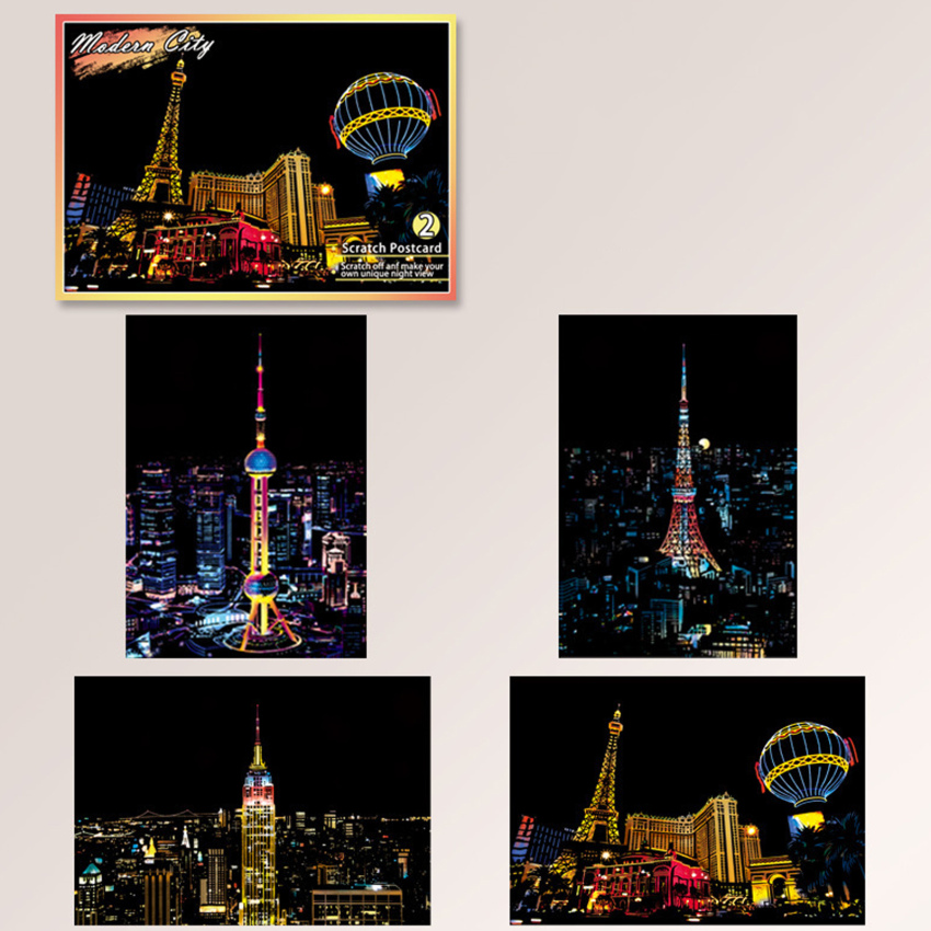 4Pcs Children DIY Night Scene Art Scratch Painting City Building Landscape Kids Educational Toys Child Birthday Gift Room Decor