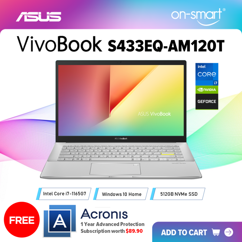 【Next Day Delivery】ASUS VivoBook S14 S433EQ-AM120T | Intel Core i7-1165G7 Processor | 16GB RAM | 512GB NVMe SSD | NVIDIA GeForce MX350 | Windows 10 Home | 2 Years International Warranty | FREE Acronis Subscription