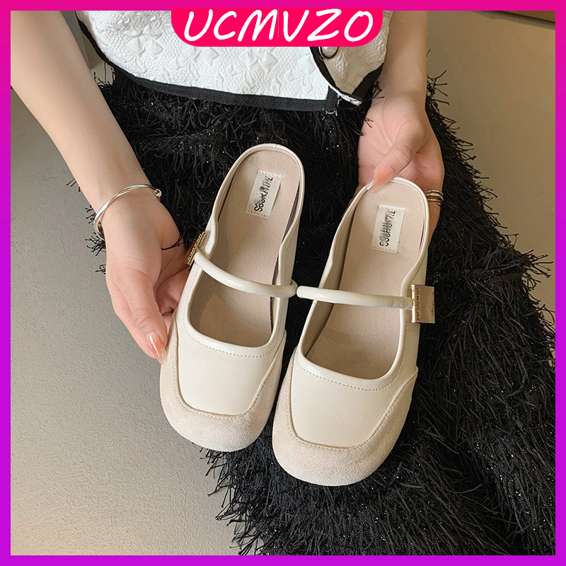 Ready stock UCMVZO Flat Sandals French Mary Jane Evening Style Small Leather Shoes Toe-toe Half-support Single Shoes Women Outer Sandals ราคา 573 บาท*ส่งฟรี