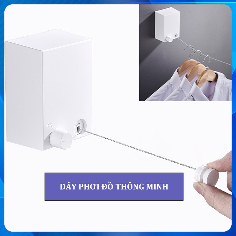 Dây phơi quần áo - Dây phơi đồ thông minh rút gọn 4.2m, inox 304 dán tường - khoan lỗ
