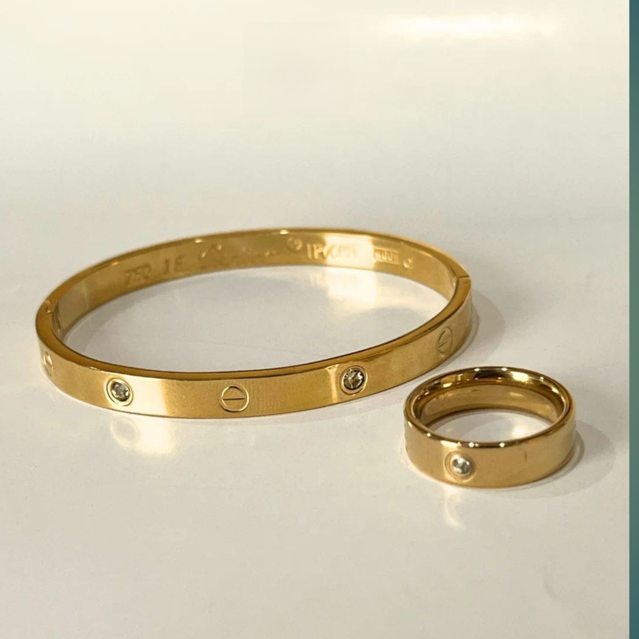 Golden Designer replica Bracelet & Ring Set Stylish Stone Embedded Jewelry for Women