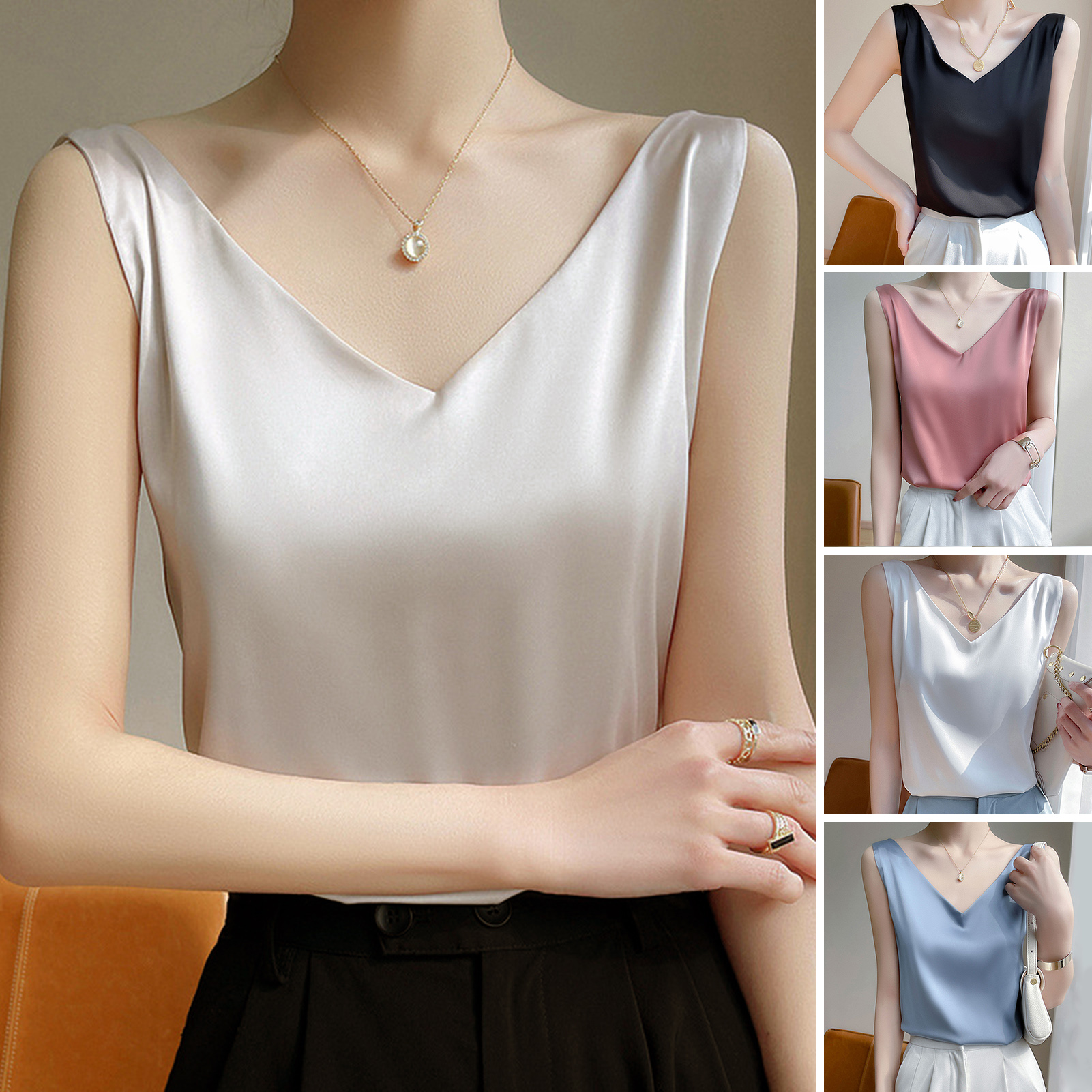 Shemi Phụ Nữ dây bản rộng Yếm Trong V-Cổ áo vest sát nách Satin áo ba lỗ Cho Phụ Nữ V Cổ Không Tay Yếm Trong vải lụa Giả Hoàn Hảo Cho Mặc Giản Dị Và Du Lịch ôm vừa dây bản rộng U Hình Dạng Vest