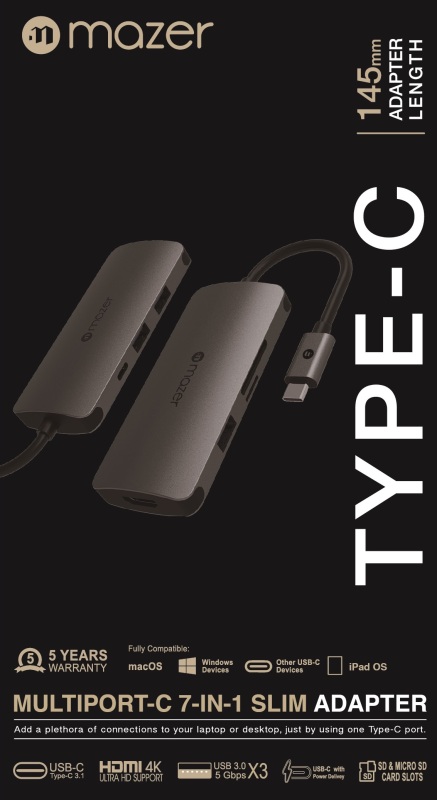 Mazer/M-UC2MULTI3002-GY/USB-C to 4K-HDMI+USB3.0X3+SD/Micro SD+USB-C PD3.0 Charging (5 year warranty)