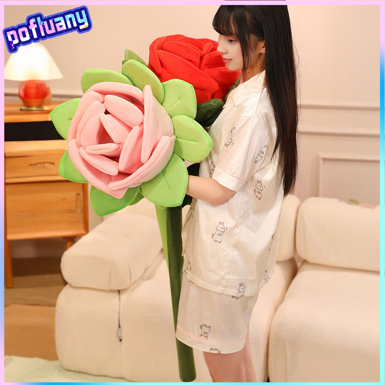ตุ๊กตาผ้านุ่ม ตุ๊กตาของขวัญน่ารัก pofluany Rose Plush Toy Large Realistic Flower Pillow Decor Stuffed Animal Soft Hugging Cushion for Valentine's Day Proposal And Romantic Gift