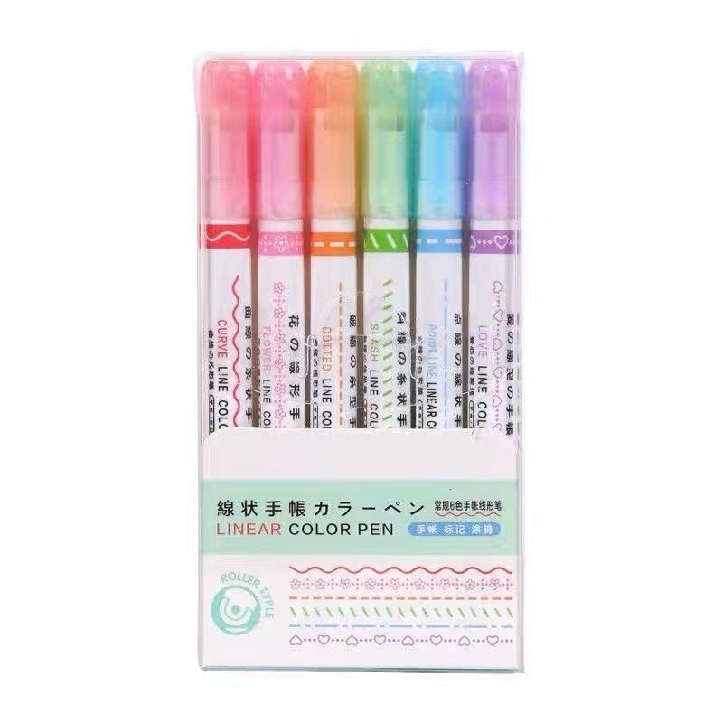 6pcs Line Shaped Highlighter Pen Multi Color Roller Tip Curve Liner Marker Highlighter Reusable Outline Pen Markers Pen Curve Highlighter Pens