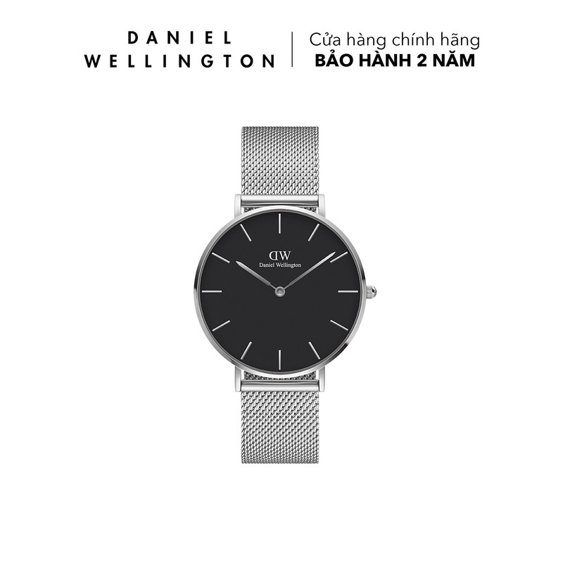 Đồng hồ Nữ Daniel Wellington dây lưới - Petite Sterling mặt đen - vỏ bạc - 28, 32, 36 mm
