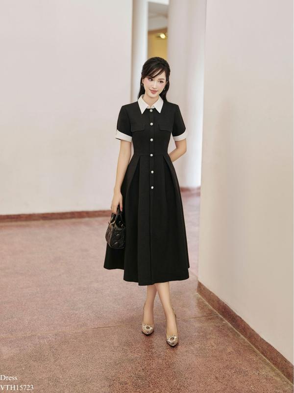 Váy nữ cổ đức phối tay đáp lật nắp túi tiinstore vdn996