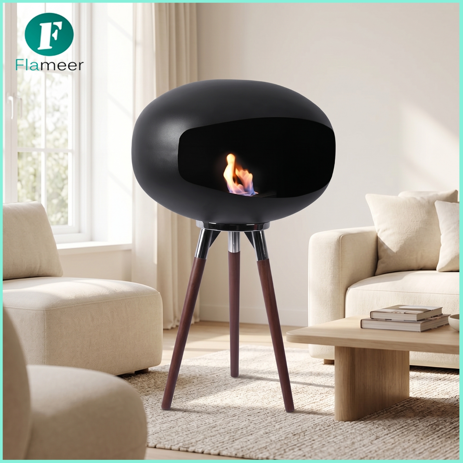Flameer Freestanding Tripod Fireplace Matte Black Ethanol Fireplace Portable Fire Fire Bowl Smokeless for Terrace, Apartment