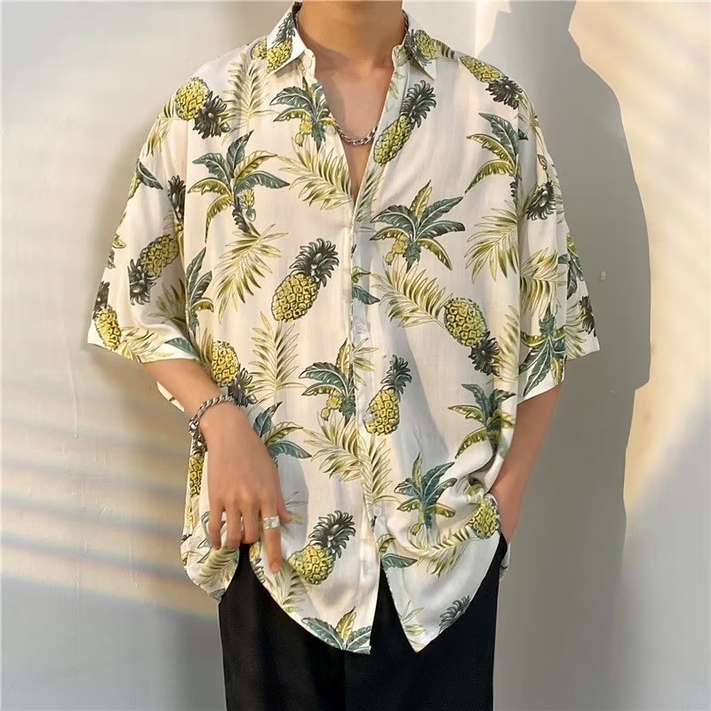 ASRV áo sơ mi áo nam áo boy phố áo sơ mi nam boypro Áo sơ mi cây dứa Lụa băng đi biển áo tay ngắn na