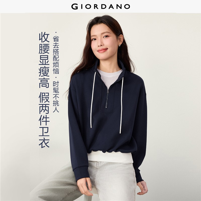 GIORDANO Women Sweatshirts Fake Two-Piece Stand Collar Sweatshirts Ruched Ribbed Waist Fashionable Casual Sweatshirts 05326808