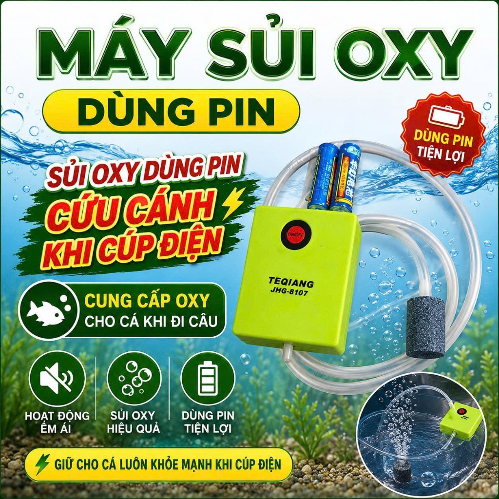 Máy Sủi Oxy Dùng Pin TEQIANG JHG-8107 – Giải Pháp Cung Cấp Oxy Cho Bể Cá Khi Cúp Điện
