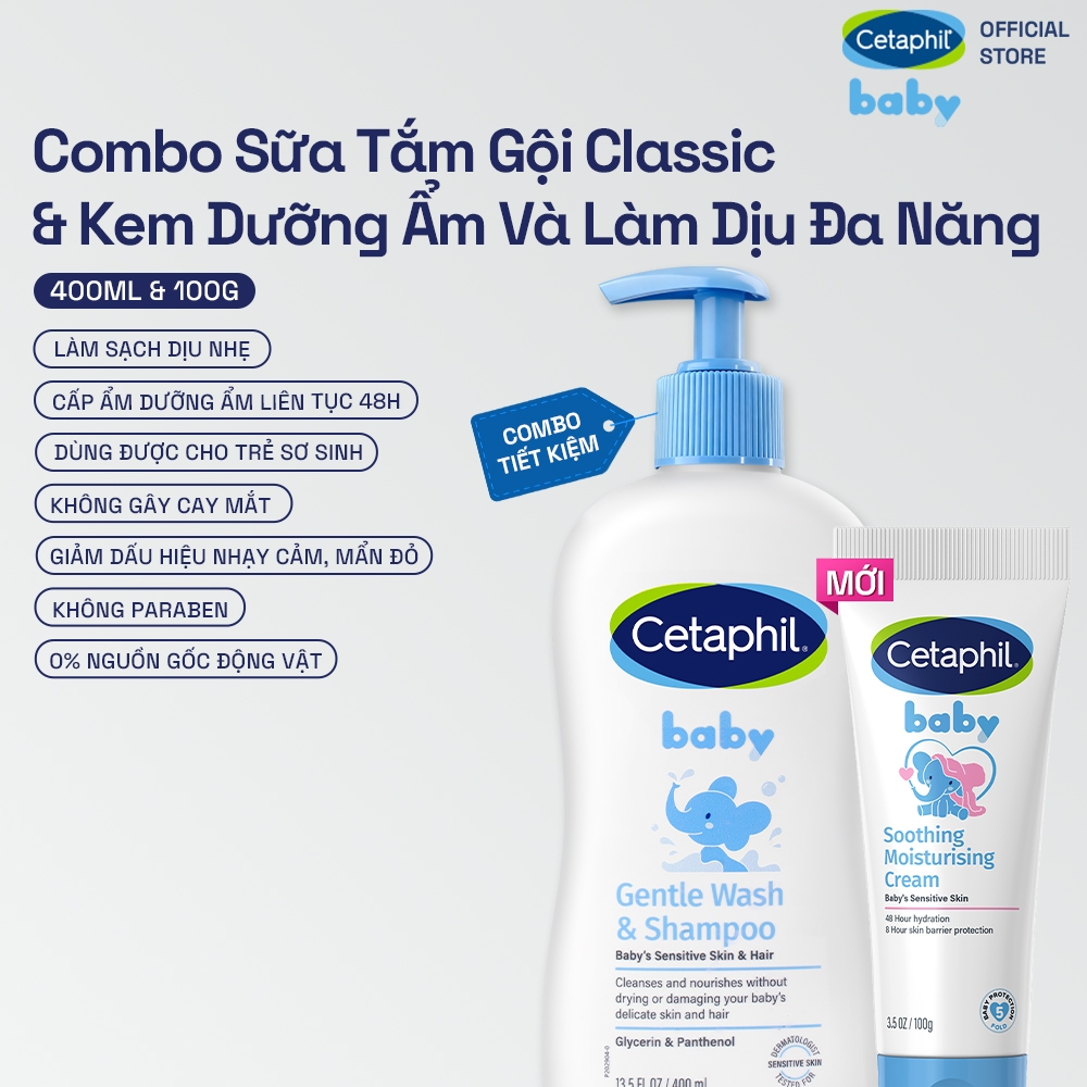 Combo Sữa tắm gội dịu lành cho bé CETAPHIL BABY GENTLE WASH  SHAMPOO 400ML  Kem làm dịu và dưỡng ẩm cho bé Cetaphil Baby Soothing  Moisturising Cream tuýp 100g