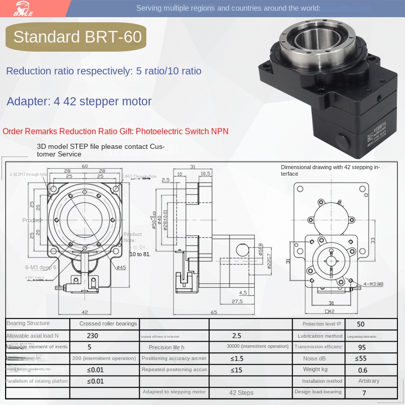 Bệ Xoay Rỗng BRT60-460, Tỷ Số Giảm 5/10/18, Nema 17-42, Servo/Step, Đồng Trục, Công Nghiệp, Đông Quan, T.General - Brt60 5/10 (42 ST