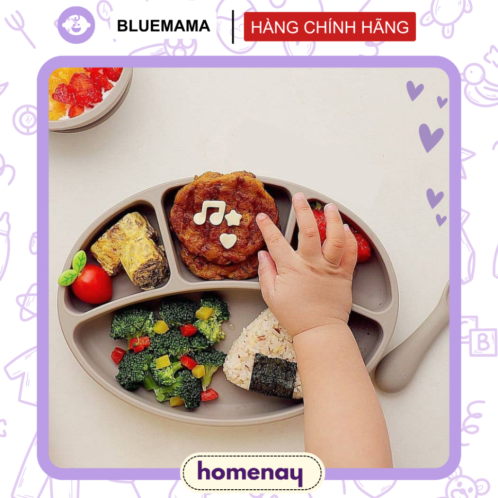 Khay Ăn Dặm BLW Silicon bạch kim cao cấp Modu'i Bluemama Chính Hãng- 4 ngăn Đế Hít, Kháng Khuẩn