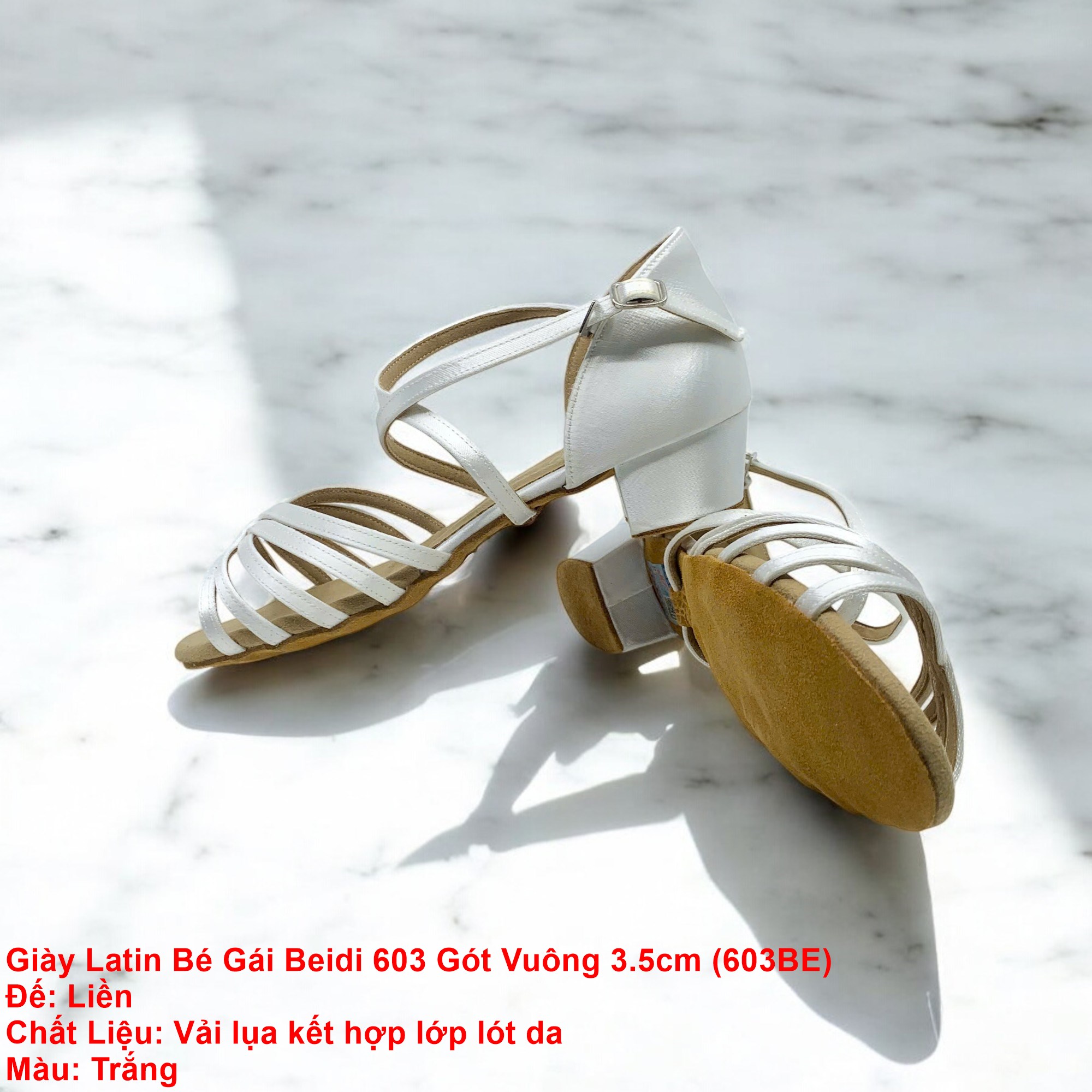 Giày Khiêu Vũ Dancesports Latin Bé Gái Beidi 603 Gót Vuông 3.5cm (603BE) - Trắng (Tặng túi đựng giày)