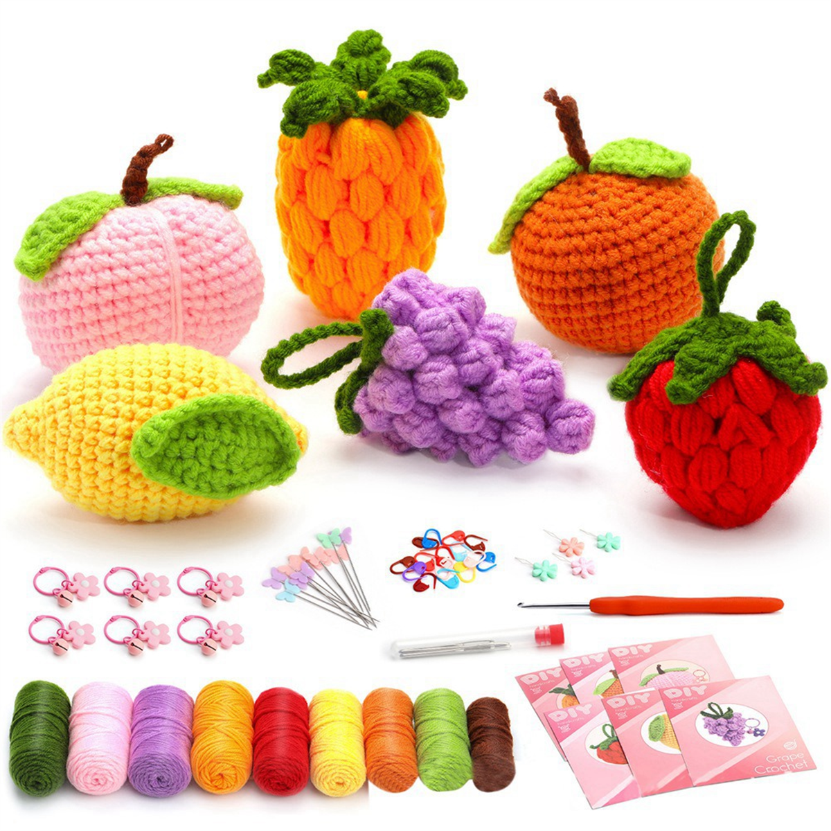 Complete Crochet Kits for Beginners, DIY 6 PCS Fruit Crochet Kit with Knitting Markers Easy Yarn Ball, Instruction Durable