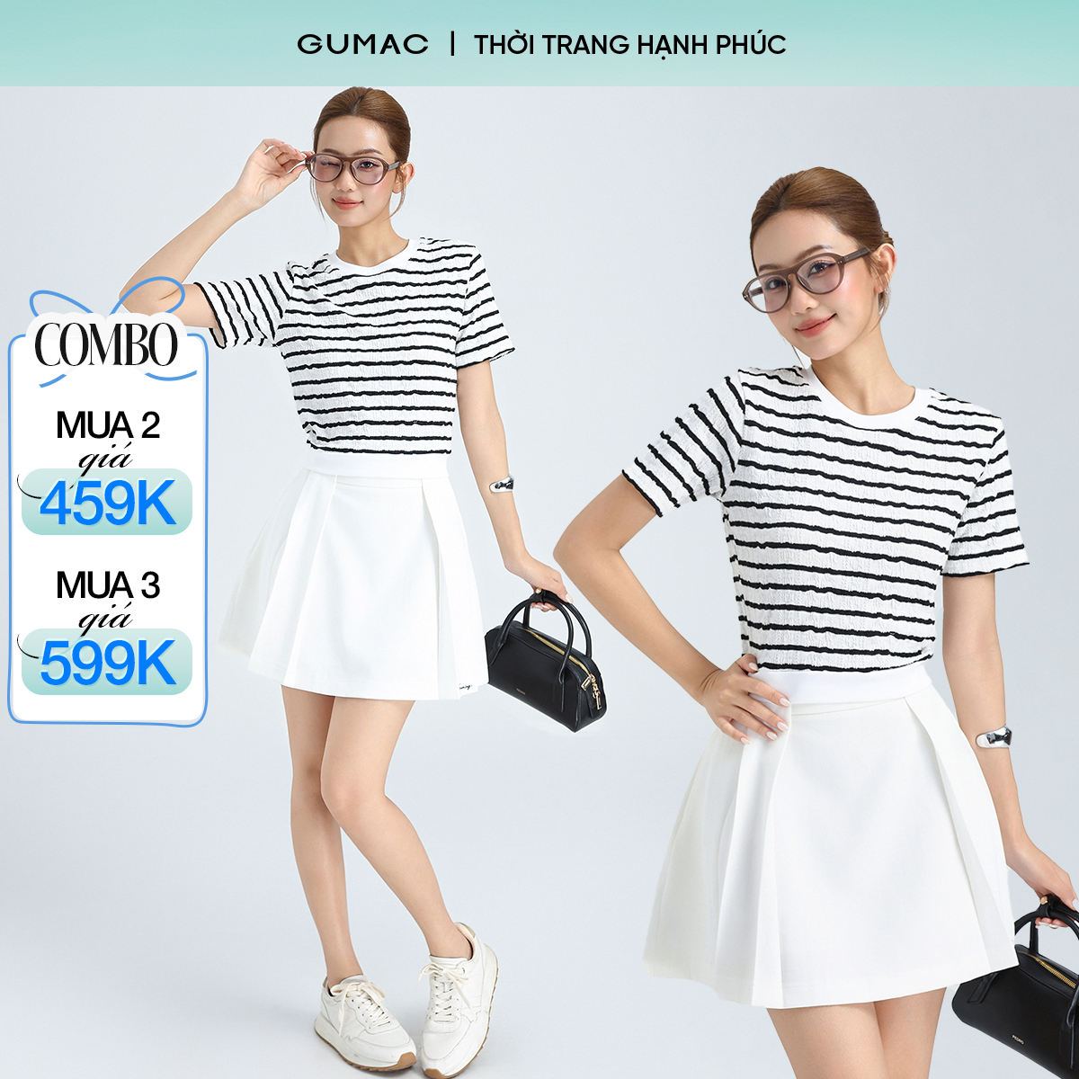 [MUA 2 CHỈ 229K/Áo] Áo Thun Nữ GUMAC Áo Phông Kiểu Kẻ Sọc Ngang Dáng Ngắn Bo Eo Co Giãn Mềm Mát LATF0514