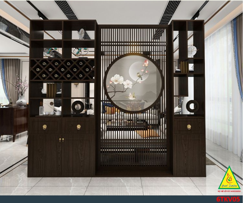 VÁCH NGĂN PHÒNG KHÁCH – NHÀ BẾP GỖ MDF PHONG CÁCH Á ĐÔNG HIỆN ĐẠI 6TKV05 - NỘI THẤT LẮP RÁP VIENDONGADV