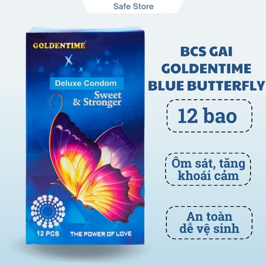 Bao cao su siêu mỏng GOLDENTIME Blue Butterfly, bcs siêu mỏng có gai lớn kéo dài quan hệ công nghệ Hàn Quốc