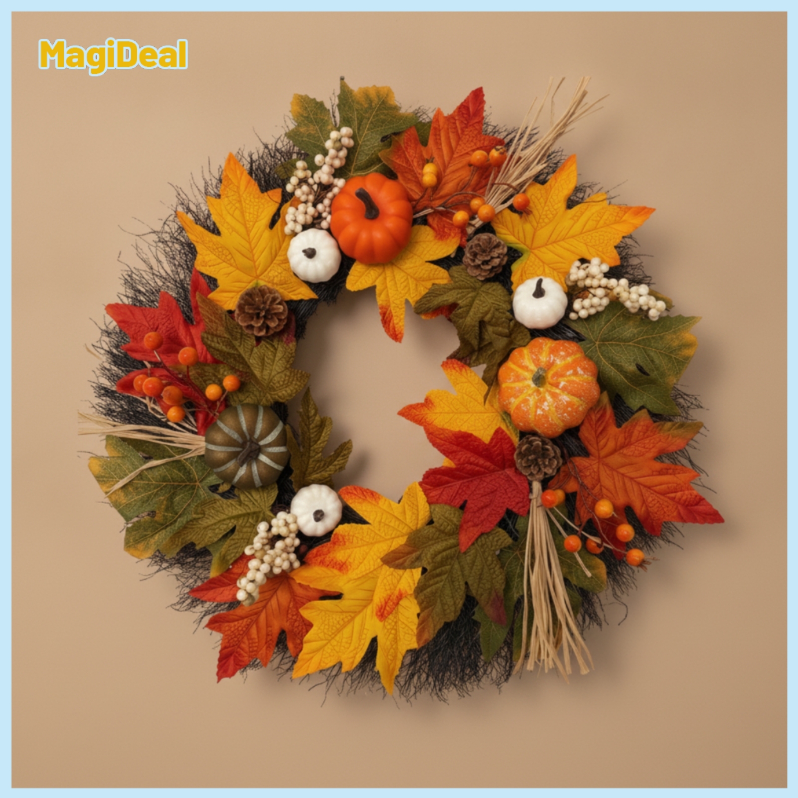 MagiDeal Artificial Fall Wreath with Pumpkins Full Maple Leaf Wreath with Pinecones Textured Farmhouse for Homeowners, Decorators, Entryway, Thanksgiving ราคา 2,296 บาท*ส่งฟรี