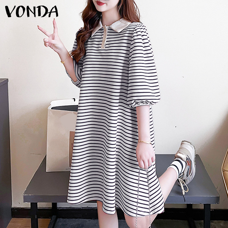 Mashychic vonda Đầm lửng sọc tay áo raglăng phong cách nữ tính cho nữ Đầm sơ mi cổ áo (thường ngày H