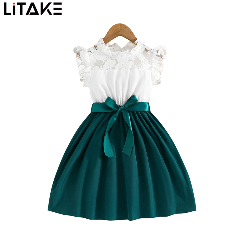 Girls Beach Dress Party Dresses Child Lace Short Sleeve Solid Color Summer Beach Sundress Princess Dress ราคา 211 บาท*ส่งฟรี