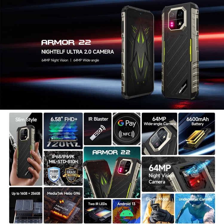 【New】 Ulefone Armor 22, IP68/IP69K Rugged Phone, 6.58 inch Android 13 MediaTek Helio G96 Octa Core, Network: 4G, NFC, OTG 8GB+128GB/8GB+256GB ราคา 10,988 บาท*ส่งฟรี