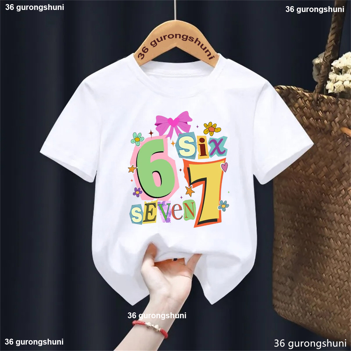 Love Six Seven 67 Flowers Bow Star Printed T Shirt Girls Kawaii Kids Clothes Summer Short Sleeve T-Shirt Solid Tshirt Tops