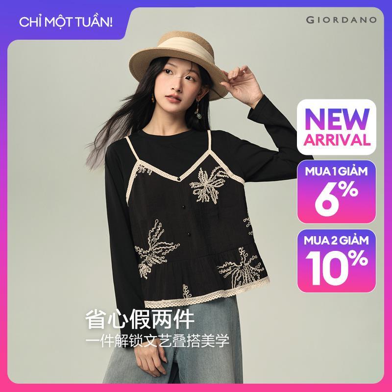 GIORDANO Women T-Shirts Fake Two-Piece Heavy Embroidery Tee Crewneck Long Sleeve Fashionable Casual T-Shirts 18326717