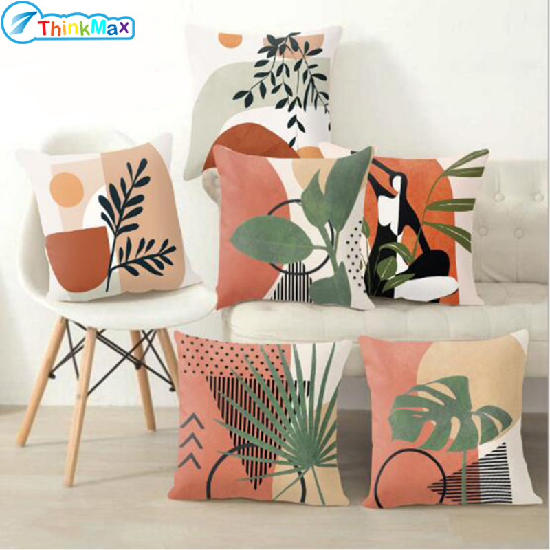 Abstract Plant Print Pillowcase 45*45cm Plush Pillow Cover Sofa Cushion Case ราคา 44 บาท*ส่งฟรี