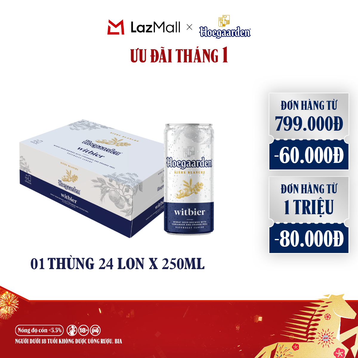 Thùng 24 Lon Bia Hoegaarden White - Bia Bỉ Chính Hiệu Lúa Mỳ 250ml lon