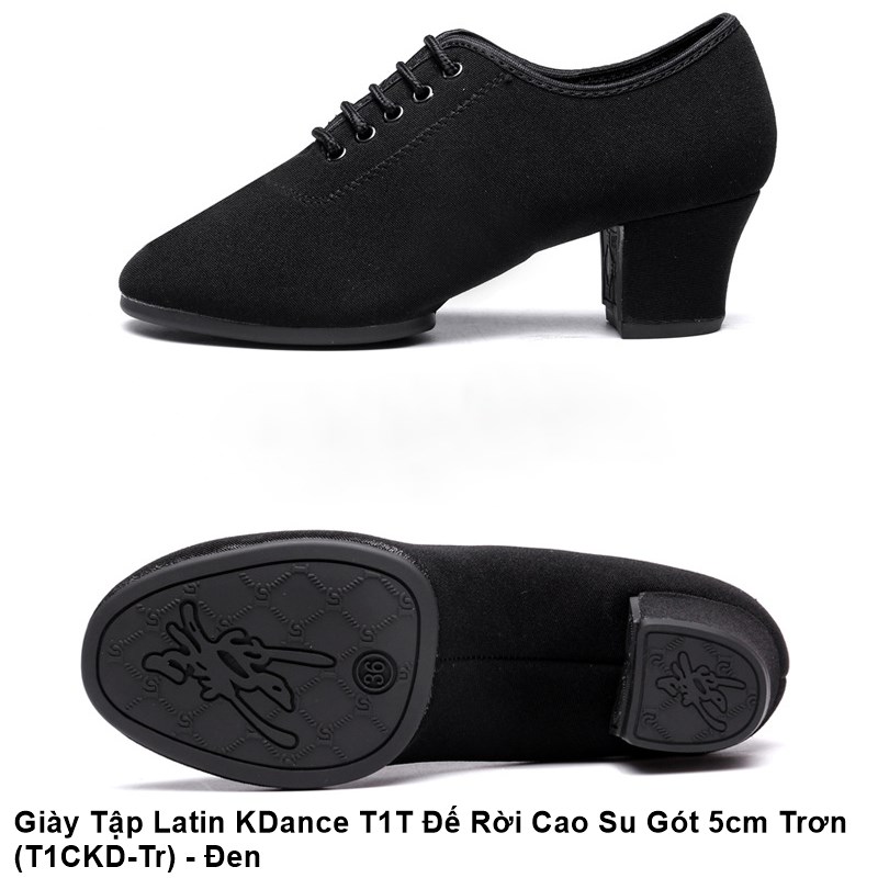 Giày Tập Khiêu Vũ Dancesport Latin KDance T1T Đế Rời Cao Su Gót 5cm Trơn (T1CKD-Tr) - Đen (Tặng Túi Đựng Giày)  (Form nhỏ tăng size)