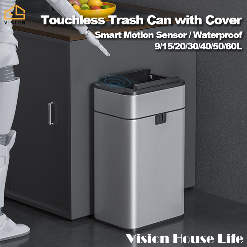 Vision Intelligent Automatic Trash Can with Cover, 9-60L Smart Motion Sensor Stainless Steel Garbage Can for Bedroom, Bathroom, Kitchen, Office, High-Capacity Automatic Touchless Infrared Trash Waste Bin with Butterfly Lid(Silver/White/Cream) ราคา 1,499 บาท*ส่งฟรี