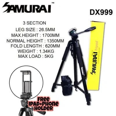 Samurai DX 999 / DX999 Aluminum Black Light-weight Tripod for DSLR/ Free Handphone Holder