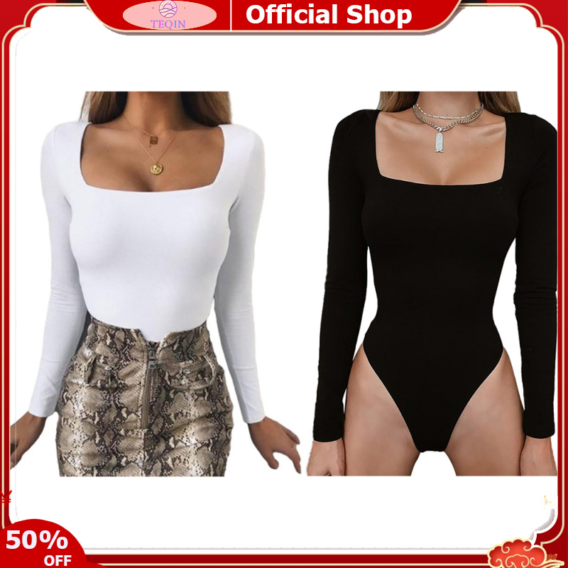 TEQIN toy new Women Long Sleeves Bodysuit Square Neck Thong Body Shaper Stretchy Solid Color Romper Open Crotch Jumpsuit - ยี่ห้อ TEQIN ราคา 178 บาท*ส่งฟรี