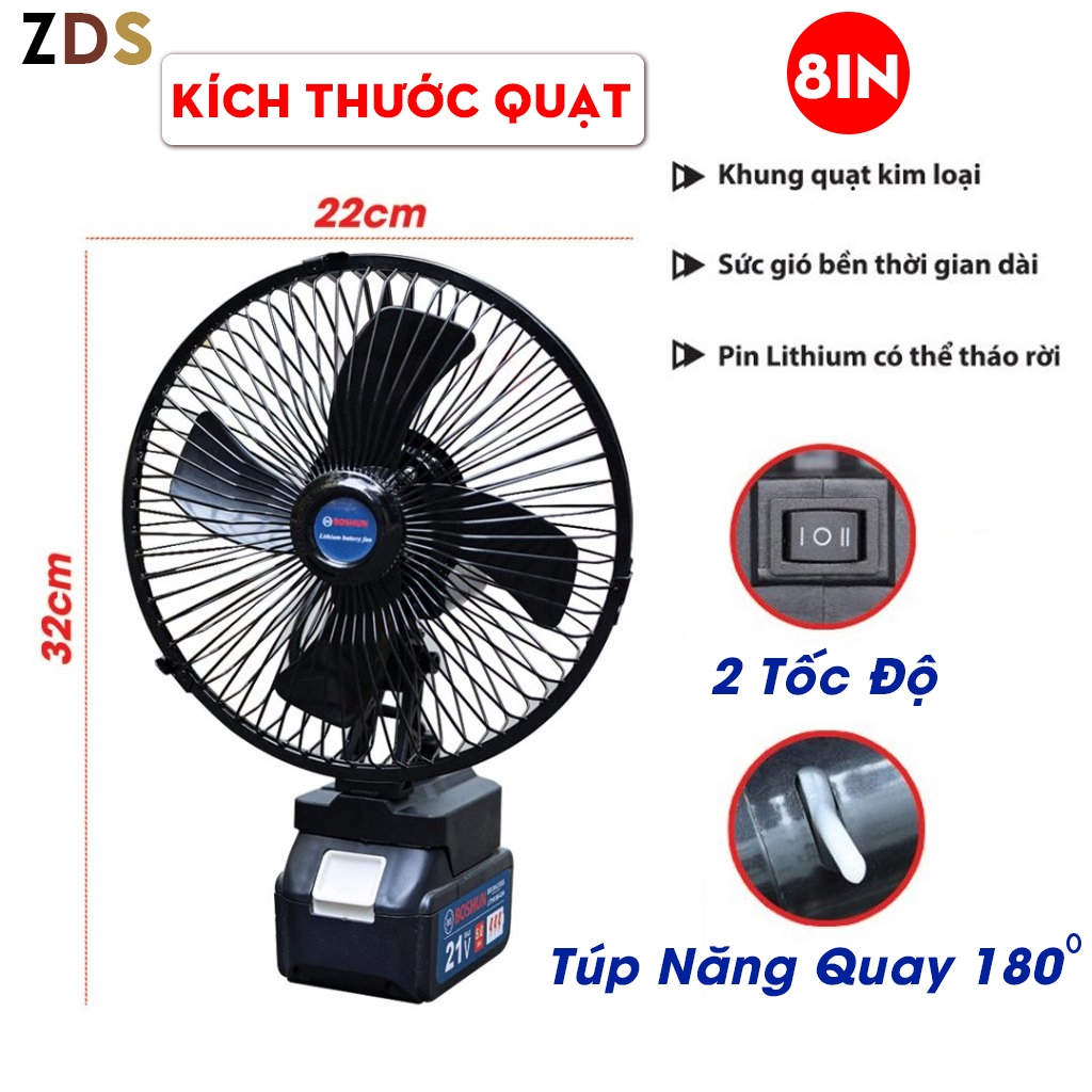 Quạt Tích Điện, Quạt 4 Cánh Lồng Sắt Đế Pin Makita 21V Phổ Thông Kích Thước 8 Inch 2 Cấp Độ Gió Dùng Liên tục 8-12 Tiếng