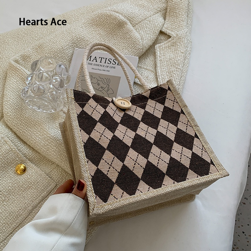 Hearts Ace Handheld lunch box storage bag with linen pattern, Japanese fashion, suitable for women ราคา 30 บาท*ส่งฟรี
